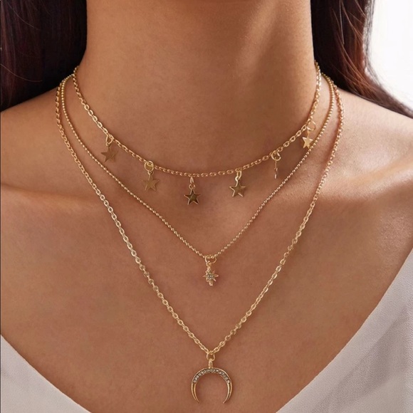 My Added Sparkle Jewelry - Rhinestone Star & Moon Layered Necklace